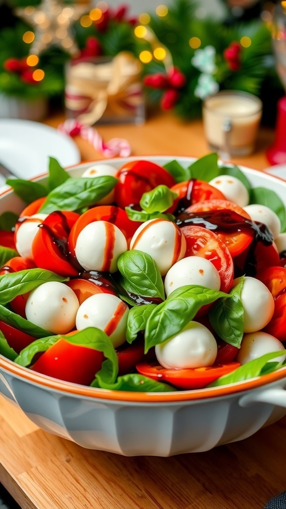 Festive Tomato Basil Salad Recipe A fresh tomato basil salad with sliced tomatoes, basil, and mozzarella, drizzled with balsamic glaze on a festive table.